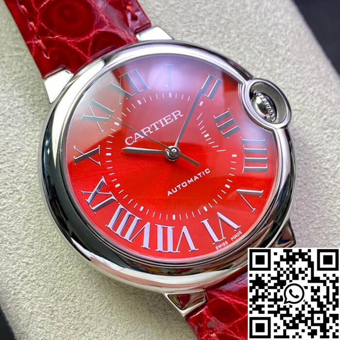FreshLook Ballon Bleu De Cartier 36MM 3K Factory Red Leather Strap 1328