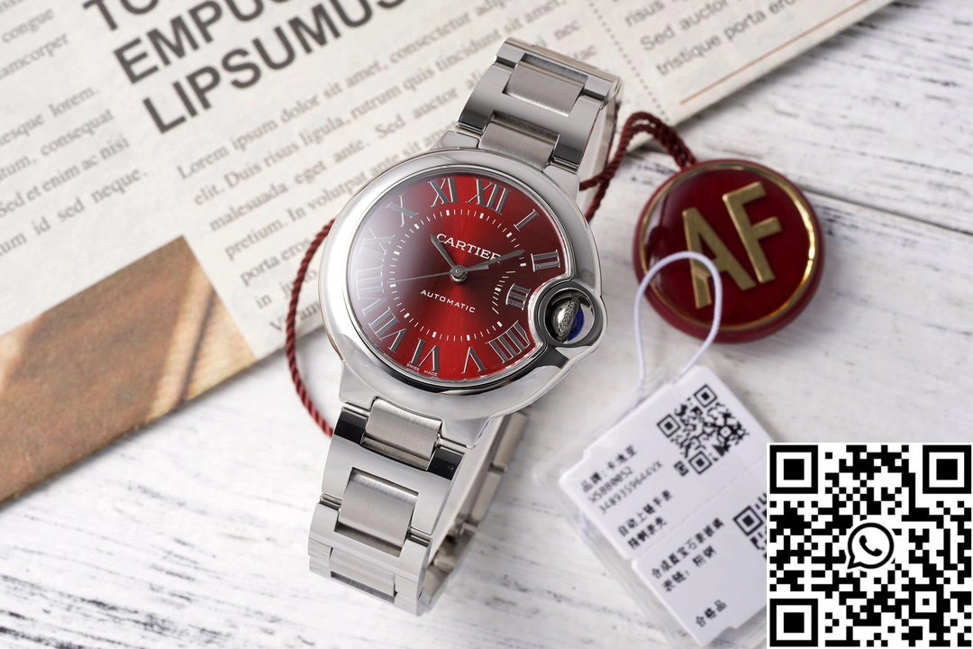 Bright Cartier Ballon Bleu AF Factory WSBB0052 33mm Full Steel Roman Numerals Red Dial 1345