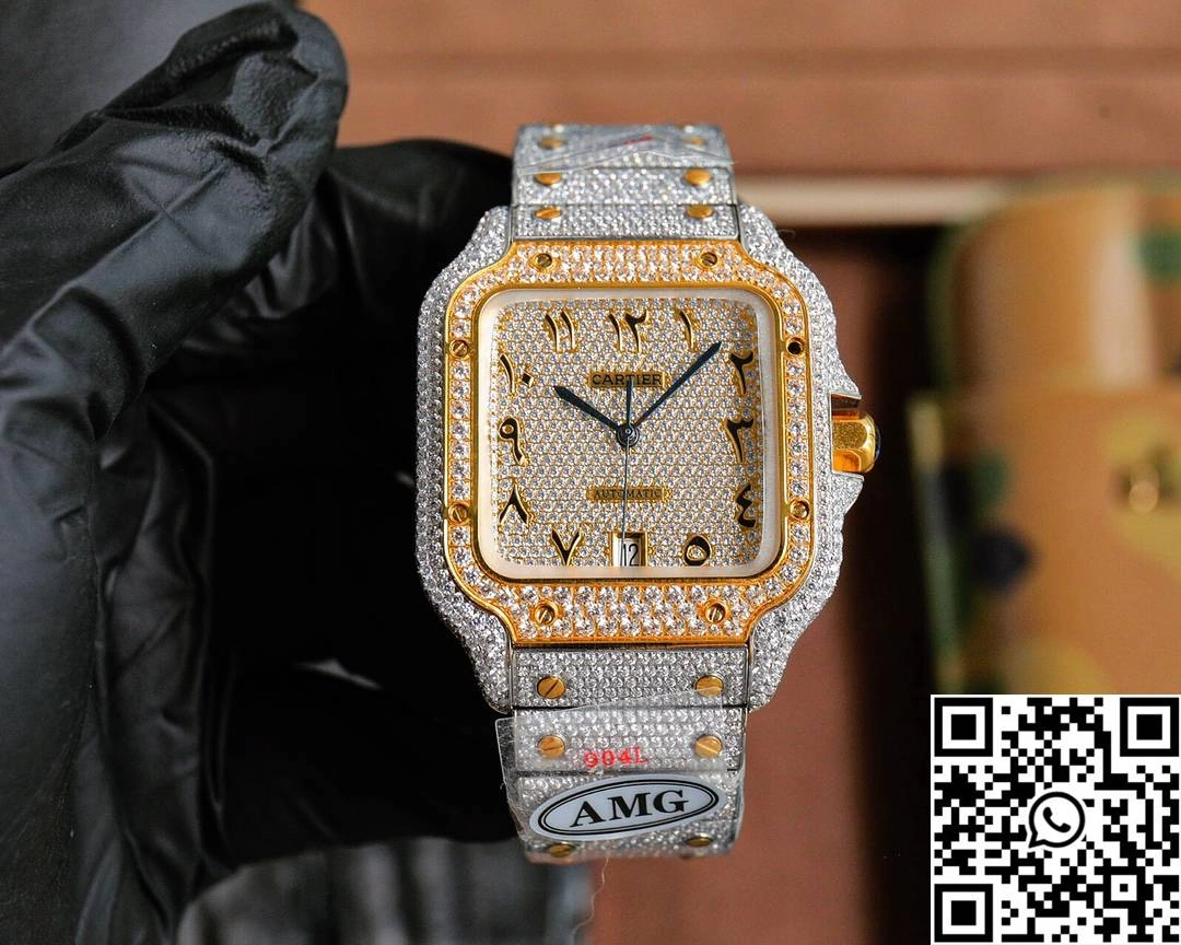 Attractive Cartier De Santos Full Diamond AMG Factory Rose Gold Arabic Dial 1470