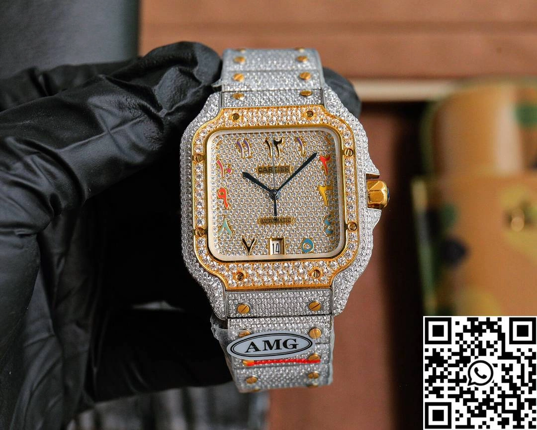 Attractive Cartier De Santos Full Diamond AMG Factory Rose Gold Arabic Dial 1470