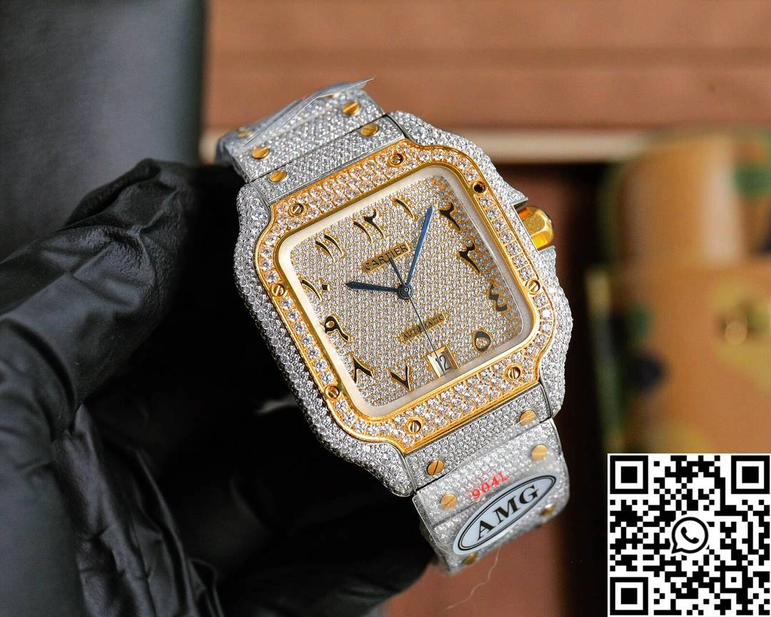 Attractive Cartier De Santos Full Diamond AMG Factory Rose Gold Arabic Dial 1470