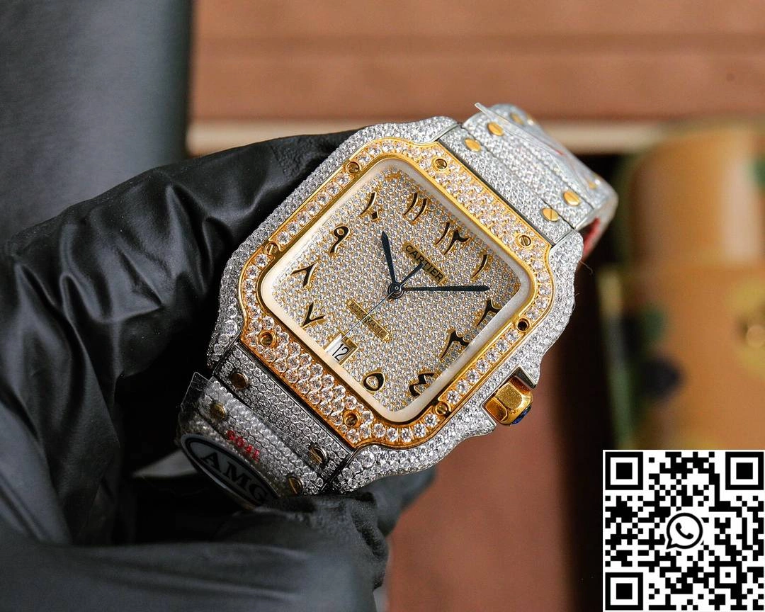 Attractive Cartier De Santos Full Diamond AMG Factory Rose Gold Arabic Dial 1470