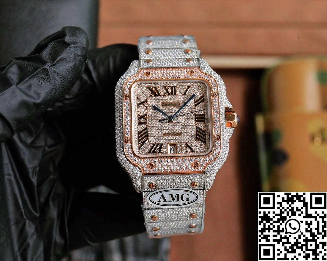 Cartier De Santos Full Diamond AMG Factory Rose Gold Dial WellDesigned 1488