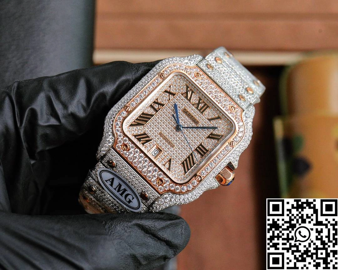 Cartier De Santos Full Diamond AMG Factory Rose Gold Dial WellDesigned 1488
