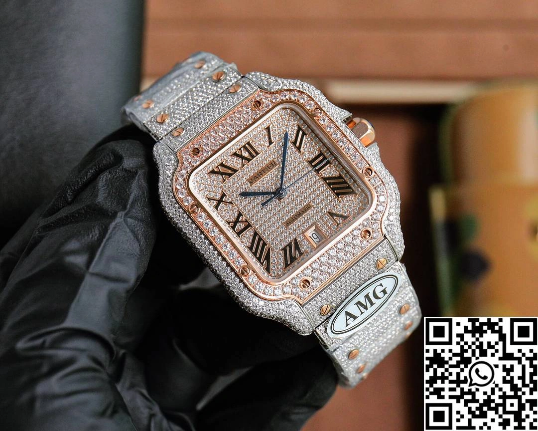 Cartier De Santos Full Diamond AMG Factory Rose Gold Dial WellDesigned 1488