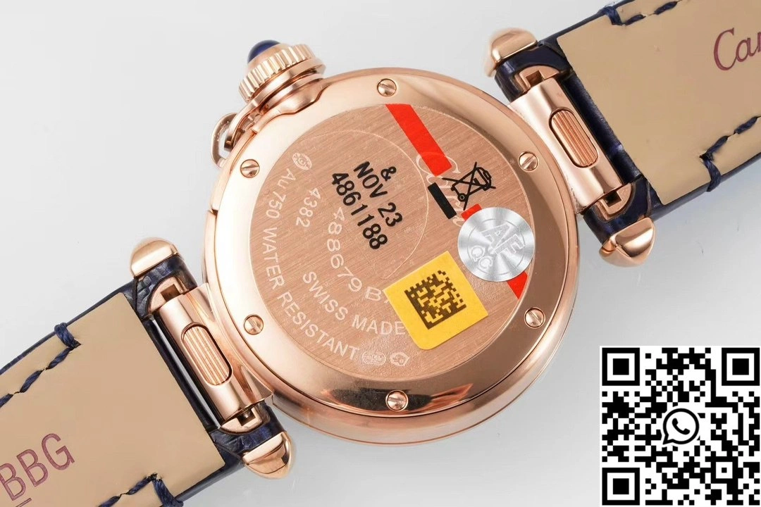 EasyCare Cartier Pasha WJPA0017 AF Factory 30mm Rose Gold White Dial Diamond Bezel Black Strap 1423