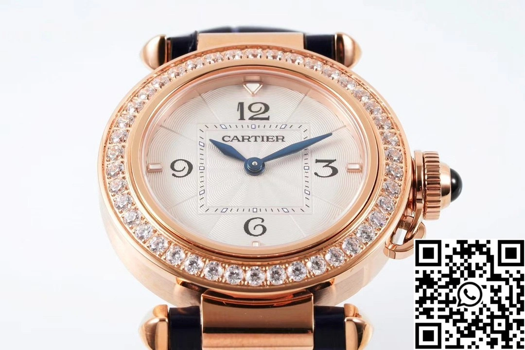 EasyCare Cartier Pasha WJPA0017 AF Factory 30mm Rose Gold White Dial Diamond Bezel Black Strap 1423
