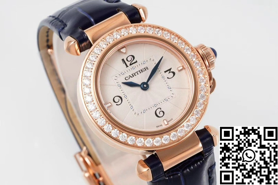 EasyCare Cartier Pasha WJPA0017 AF Factory 30mm Rose Gold White Dial Diamond Bezel Black Strap 1423