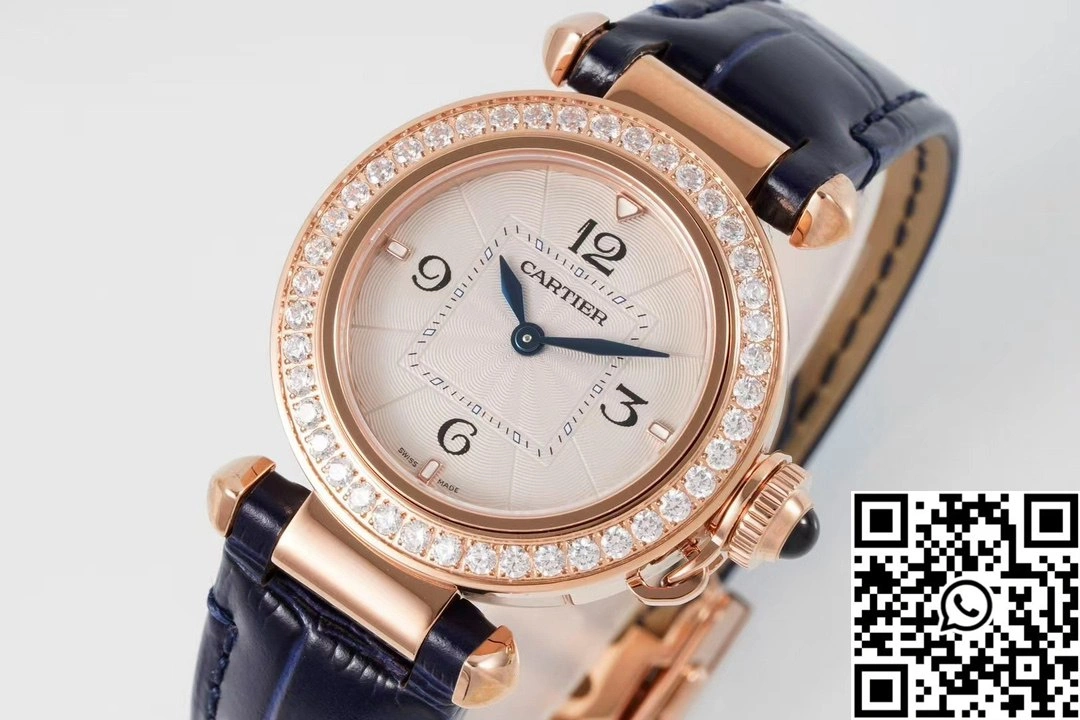 EasyCare Cartier Pasha WJPA0017 AF Factory 30mm Rose Gold White Dial Diamond Bezel Black Strap 1423
