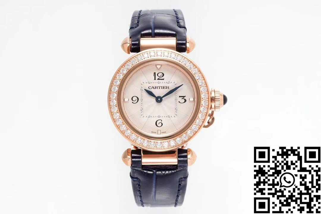 EasyCare Cartier Pasha WJPA0017 AF Factory 30mm Rose Gold White Dial Diamond Bezel Black Strap 1423