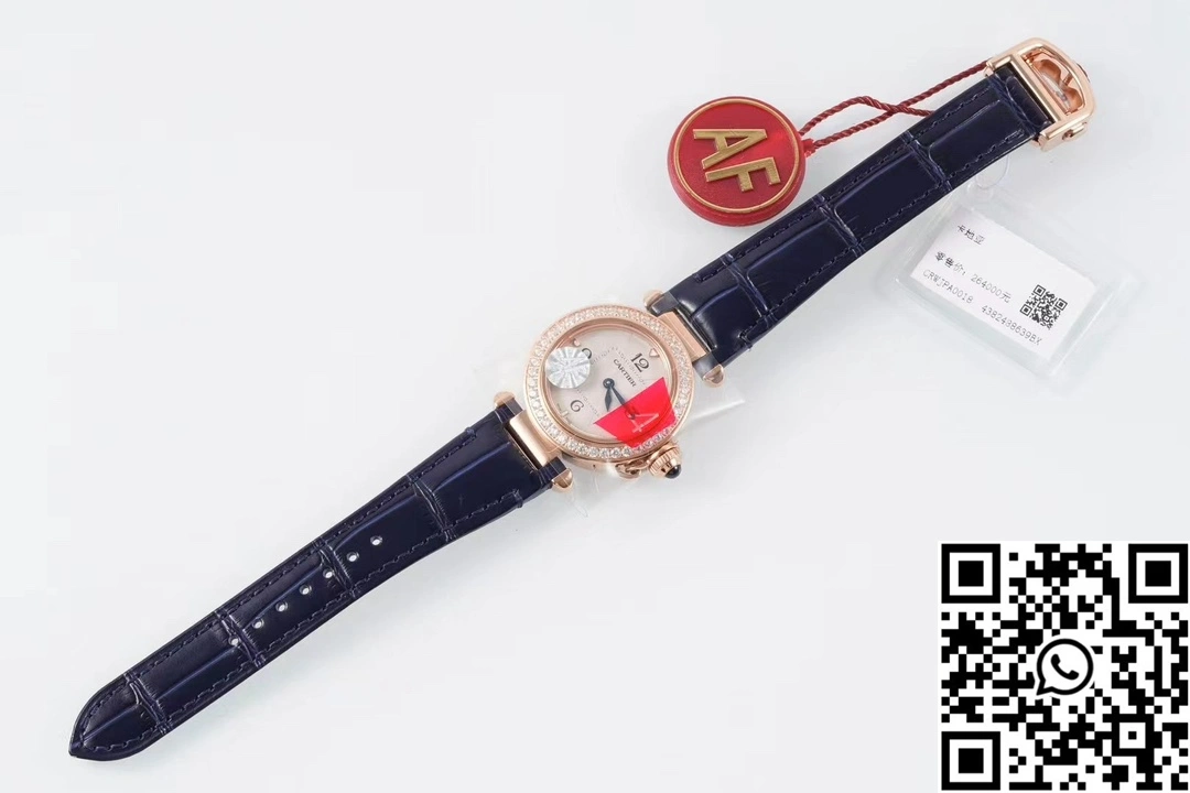 EasyCare Cartier Pasha WJPA0017 AF Factory 30mm Rose Gold White Dial Diamond Bezel Black Strap 1423