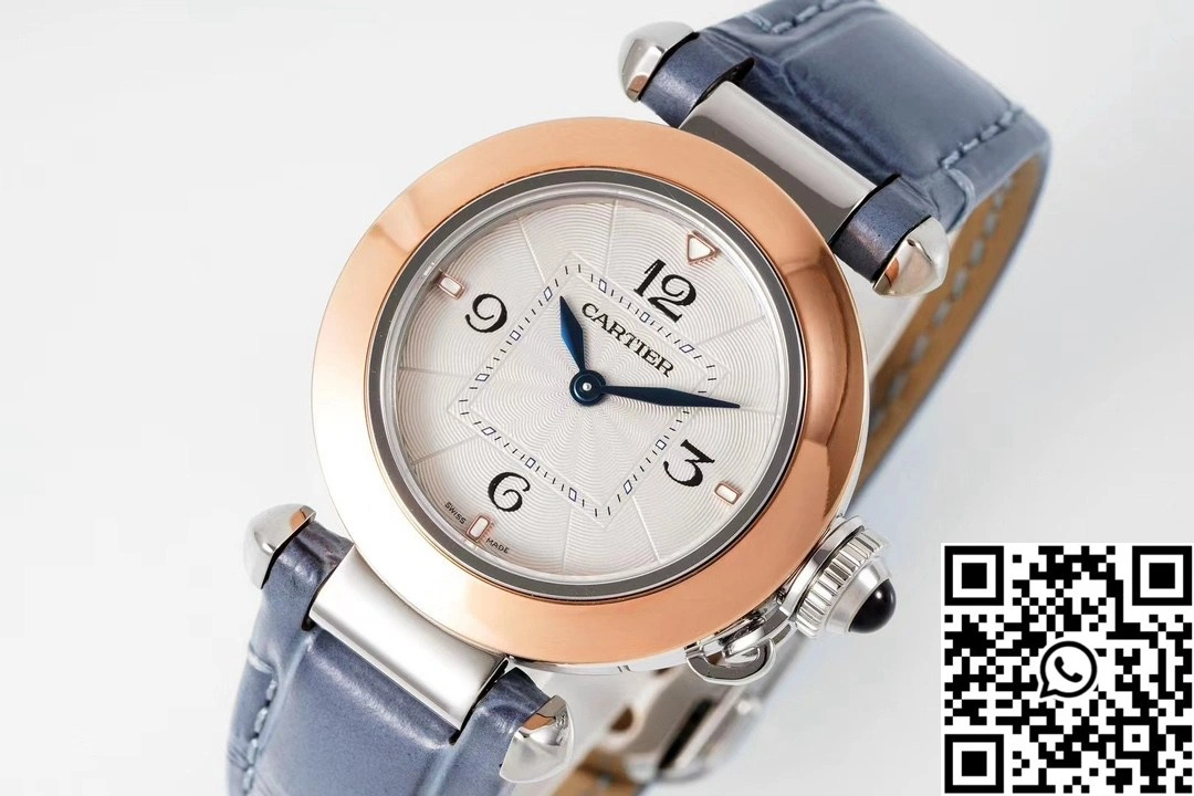 StreetReady Cartier Pasha WJPA0017 AF Factory 30mm Rose Gold White Dial Diamond Bezel Light Blue Strap 1430