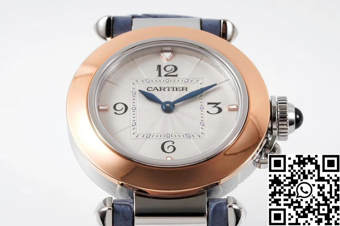 StreetReady Cartier Pasha WJPA0017 AF Factory 30mm Rose Gold White Dial Diamond Bezel Light Blue Strap 1430