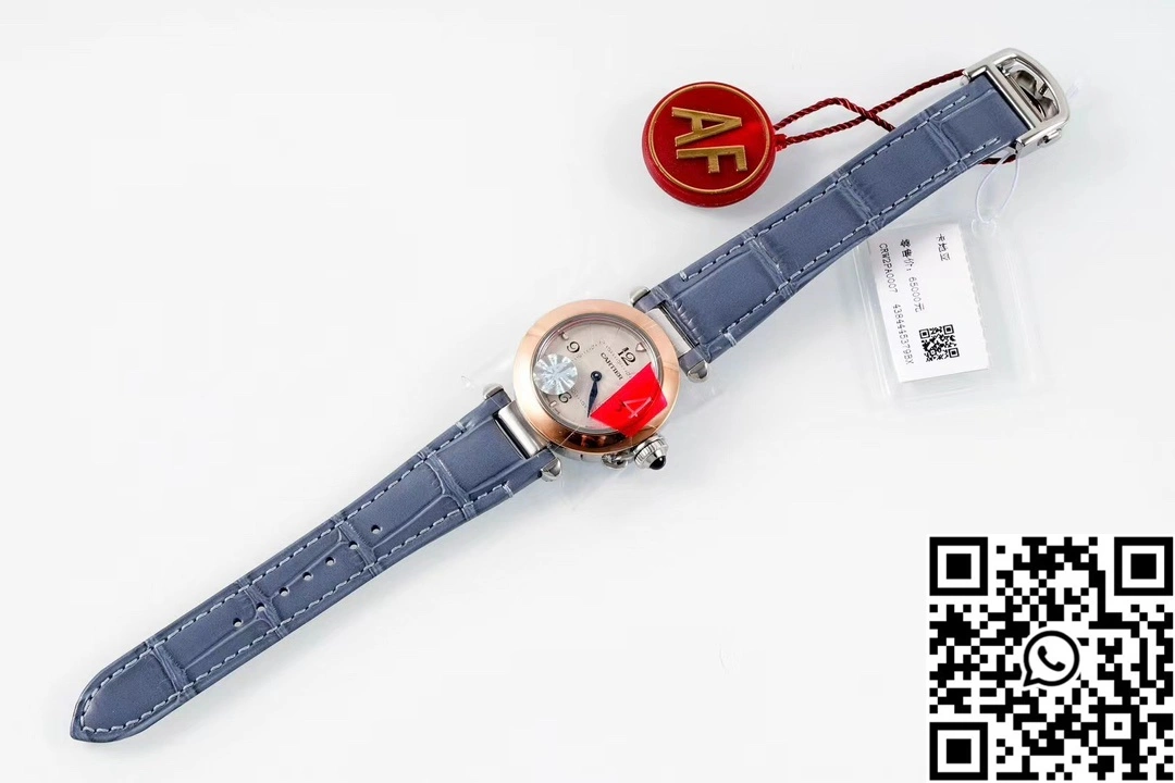 StreetReady Cartier Pasha WJPA0017 AF Factory 30mm Rose Gold White Dial Diamond Bezel Light Blue Strap 1430