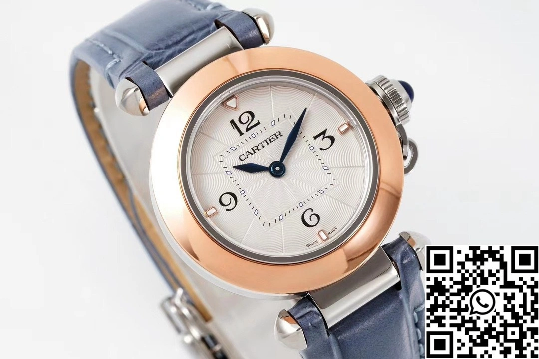 StreetReady Cartier Pasha WJPA0017 AF Factory 30mm Rose Gold White Dial Diamond Bezel Light Blue Strap 1430