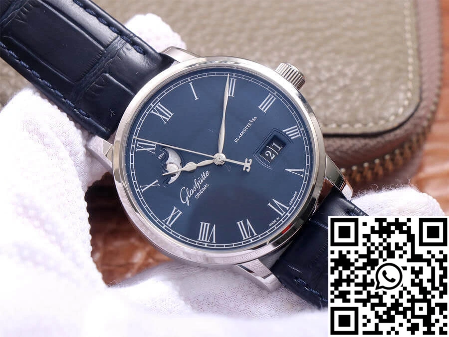 Lightweight Glashutte Senator Moon Phase 1-36-04 V9 Factory Blue Leather Strap 1744