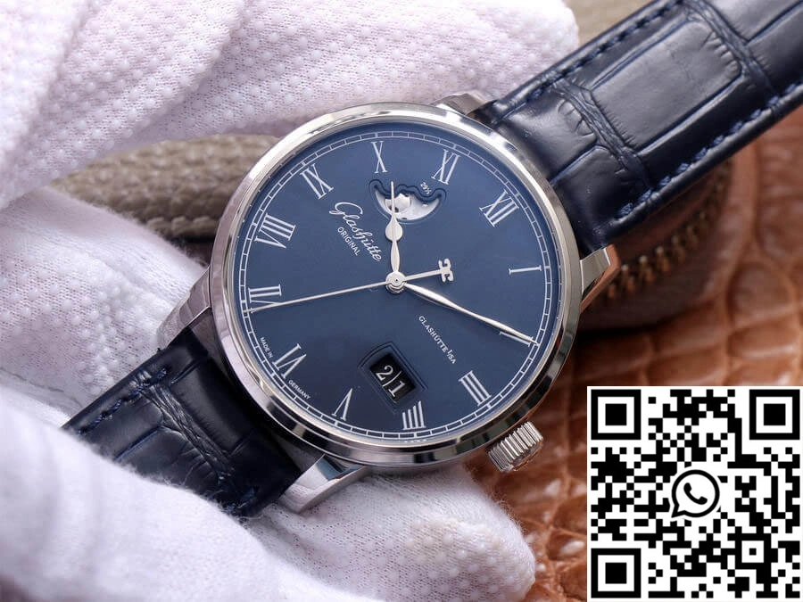 Lightweight Glashutte Senator Moon Phase 1-36-04 V9 Factory Blue Leather Strap 1744