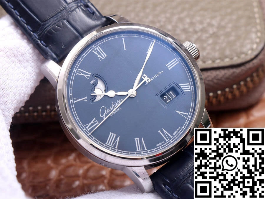 Lightweight Glashutte Senator Moon Phase 1-36-04 V9 Factory Blue Leather Strap 1744