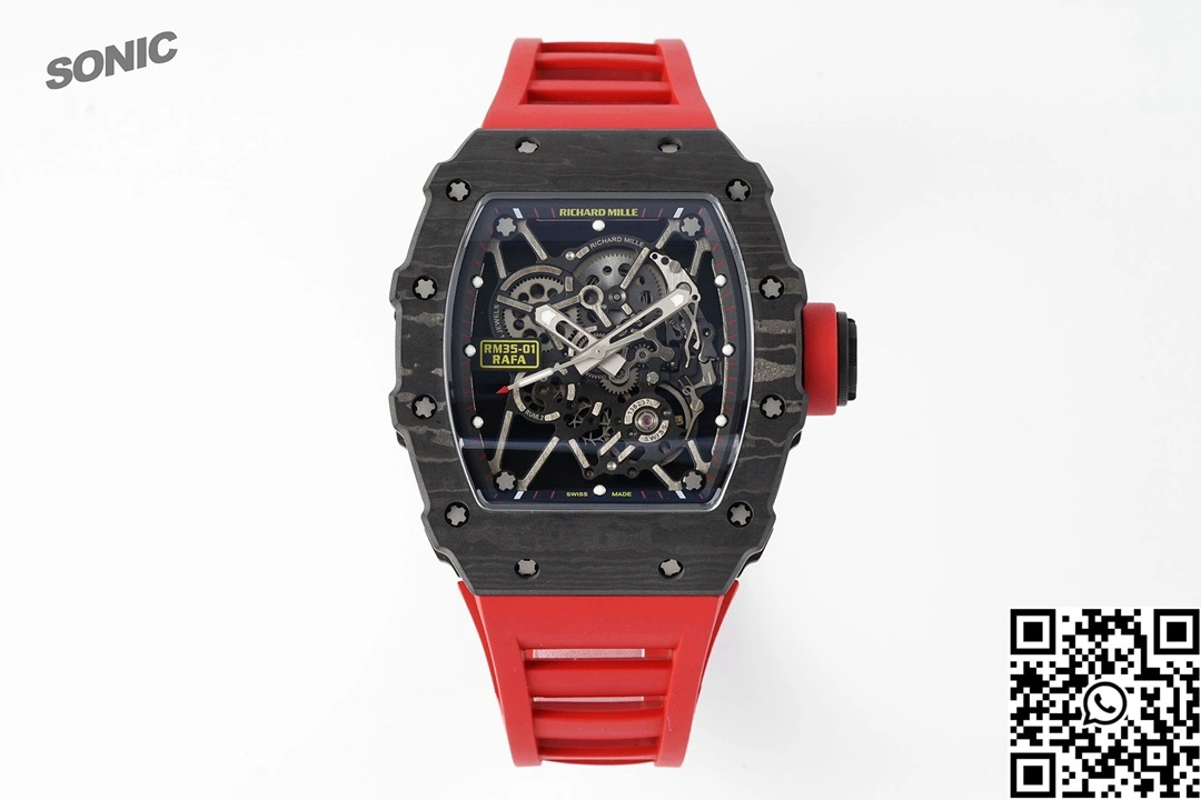 Breathable Richard Mille RM-035 Sonic Factory NTPT Carbon Fiber Black Case Red Band 2367