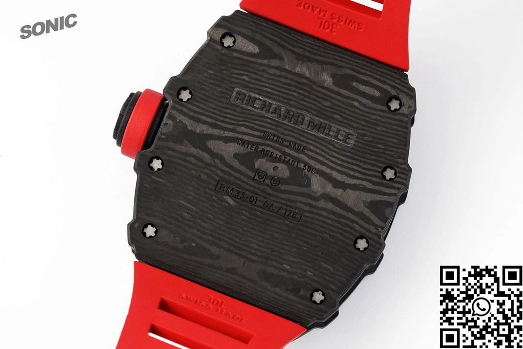 Breathable Richard Mille RM-035 Sonic Factory NTPT Carbon Fiber Black Case Red Band 2367
