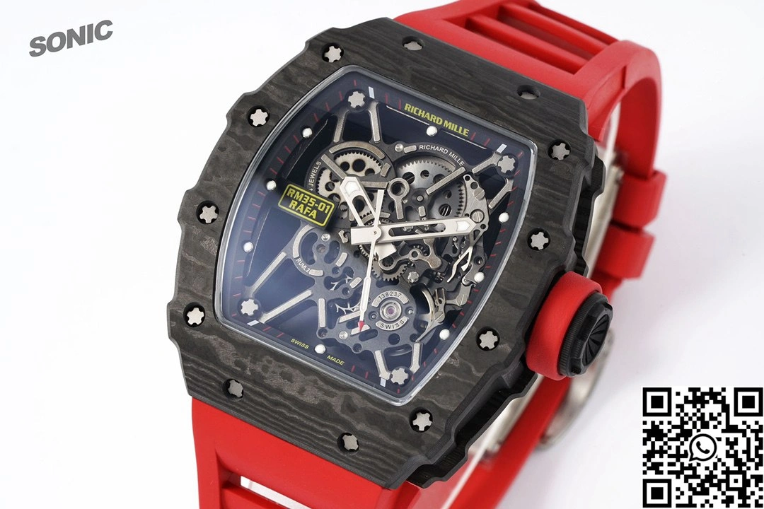 Breathable Richard Mille RM-035 Sonic Factory NTPT Carbon Fiber Black Case Red Band 2367