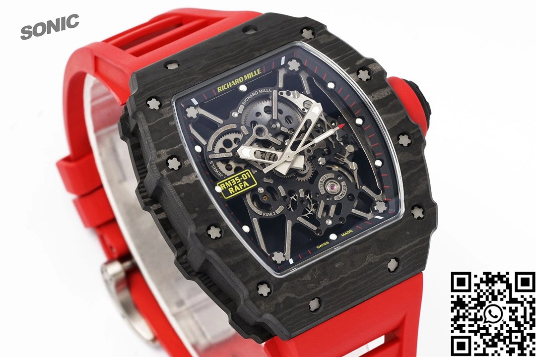 Breathable Richard Mille RM-035 Sonic Factory NTPT Carbon Fiber Black Case Red Band 2367