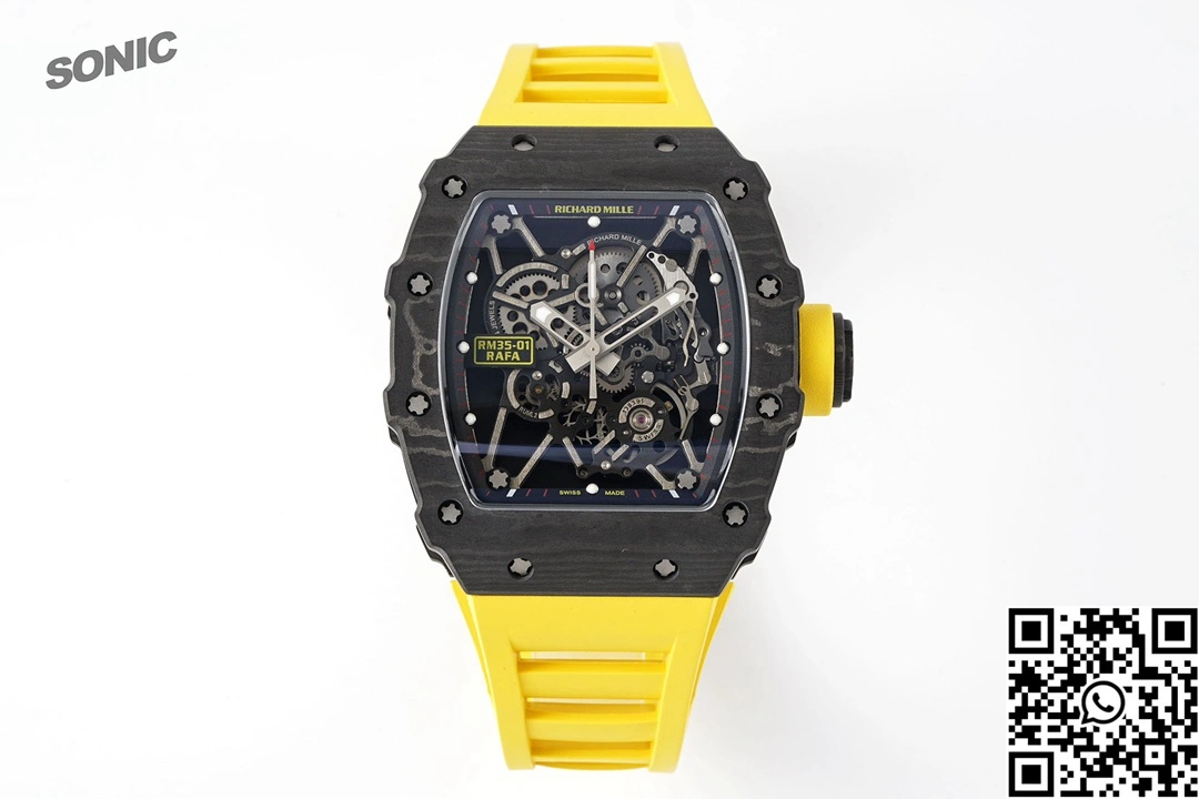 Bright Richard Mille RM-035 Sonic Factory NTPT Carbon Fiber Black Case Yellow Band 2369