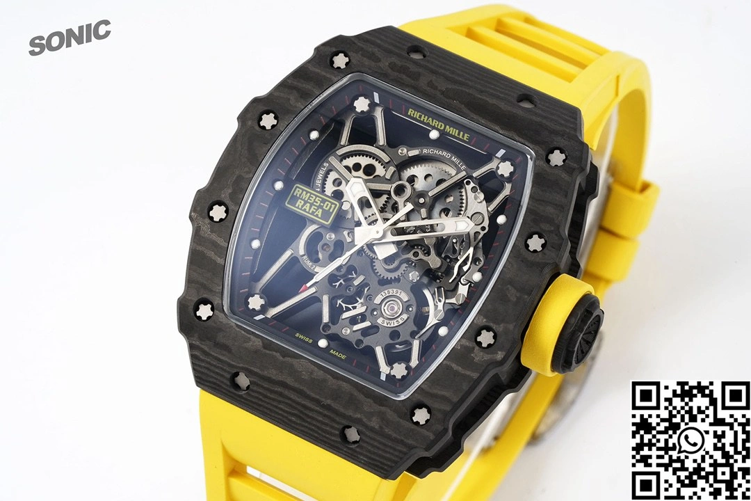 Bright Richard Mille RM-035 Sonic Factory NTPT Carbon Fiber Black Case Yellow Band 2369