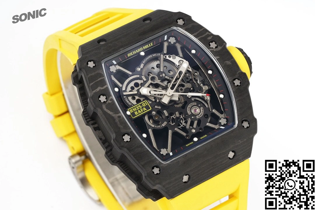 Bright Richard Mille RM-035 Sonic Factory NTPT Carbon Fiber Black Case Yellow Band 2369