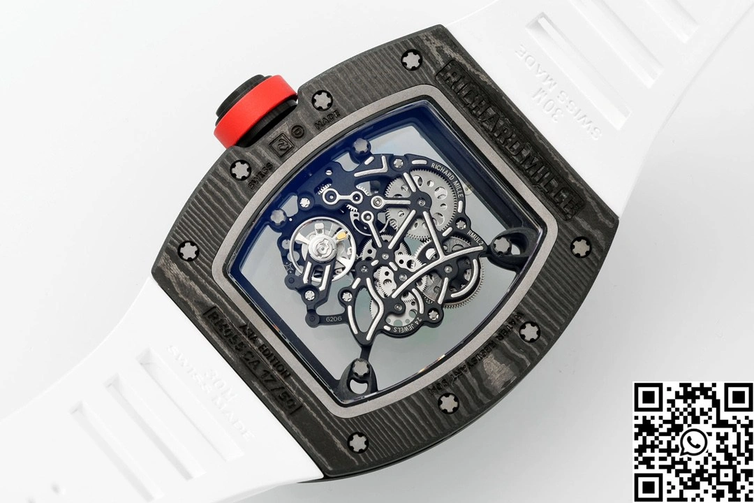 FastDry Richard Mille RM-055 APS Factory NTPT Carbon Fiber Black Case White Band Red Crown 2401