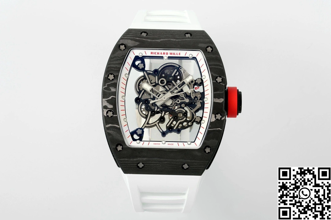 FastDry Richard Mille RM-055 APS Factory NTPT Carbon Fiber Black Case White Band Red Crown 2401