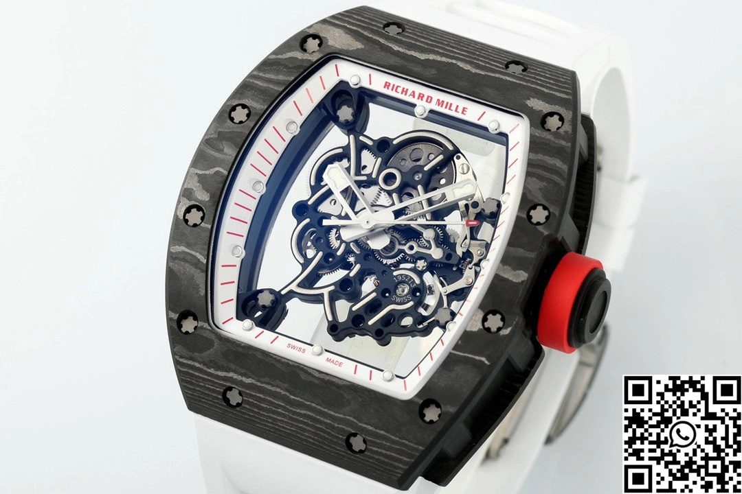 FastDry Richard Mille RM-055 APS Factory NTPT Carbon Fiber Black Case White Band Red Crown 2401