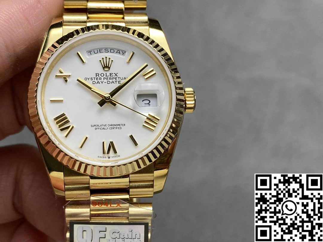 Rolex Day Date 36mm M128238-0113 QF Factory v5 Tungsten Steel Yellow Gold White Dial Resilient 987