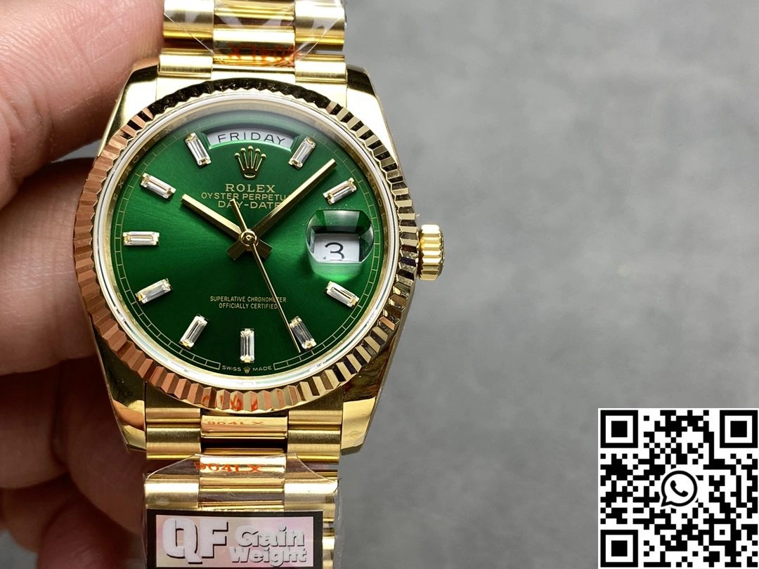 Rolex Day Date 36mm M128238-0130 QF Factory v5 Tungsten Steel Yellow Gold Green Dial SmoothTexture 1000
