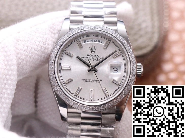 Sustainable Rolex Day-Date M228349RBR-0001 EW Factory Diamond Silver Dial 1031