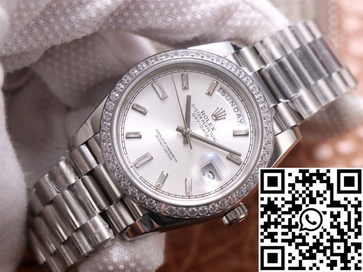 Sustainable Rolex Day-Date M228349RBR-0001 EW Factory Diamond Silver Dial 1031